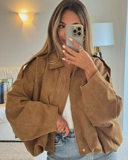 Cropped Bomber Jacket with Pointed Collar and Gathered Hem for Women