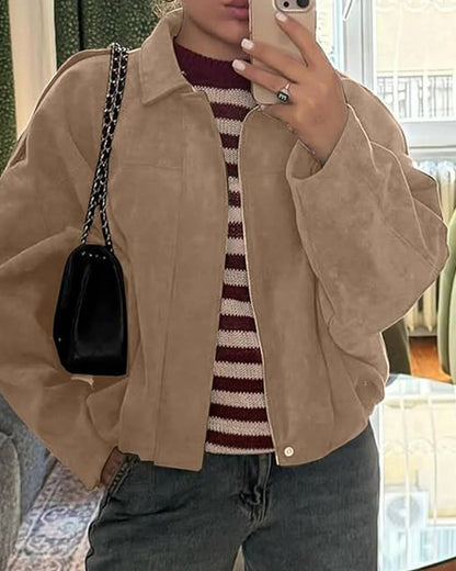 Cropped Bomber Jacket with Pointed Collar and Gathered Hem for Women