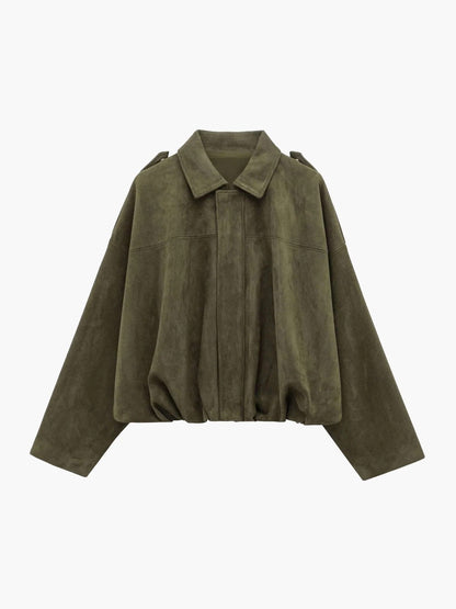 Cropped Bomber Jacket with Pointed Collar and Gathered Hem for Women