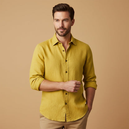 Long Sleeve Button Up Shirt with Pointed Collar and Curved Hem for Men