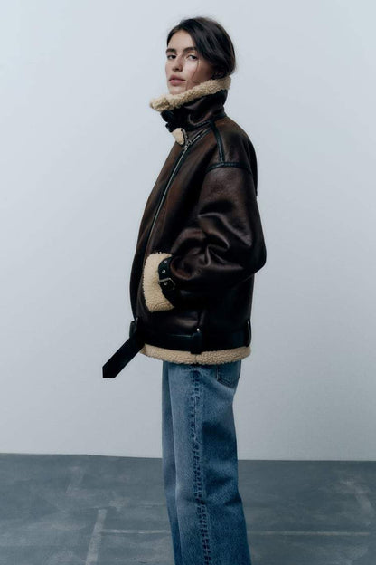 Blouson Col à Revers Imitation Peau de Mouton