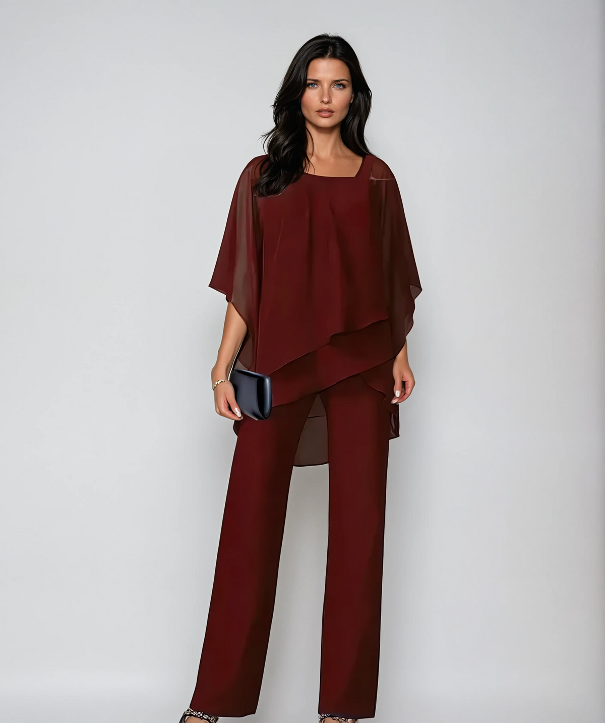 Two Piece Layered Set with Asymmetric Top and Wide Leg Pants for Women