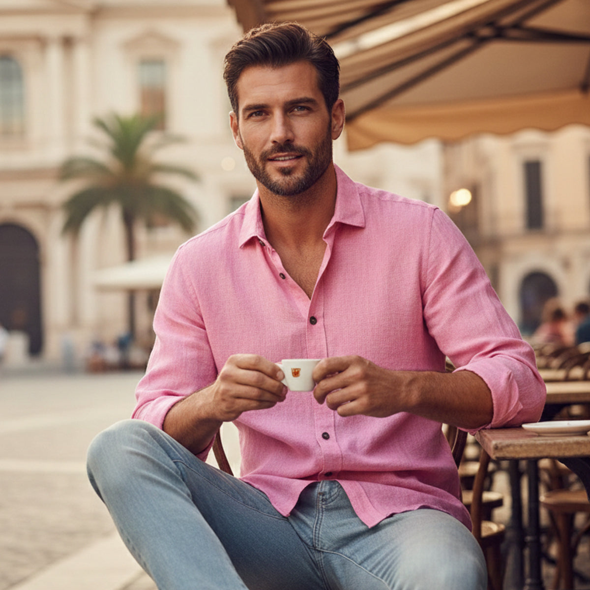 Long Sleeve Button Up Shirt with Pointed Collar and Curved Hem for Men