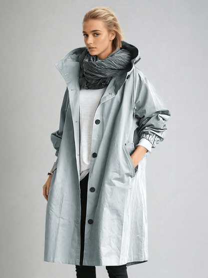 Hooded Longline Rain Coat with Button Front and Big Pockets for Women