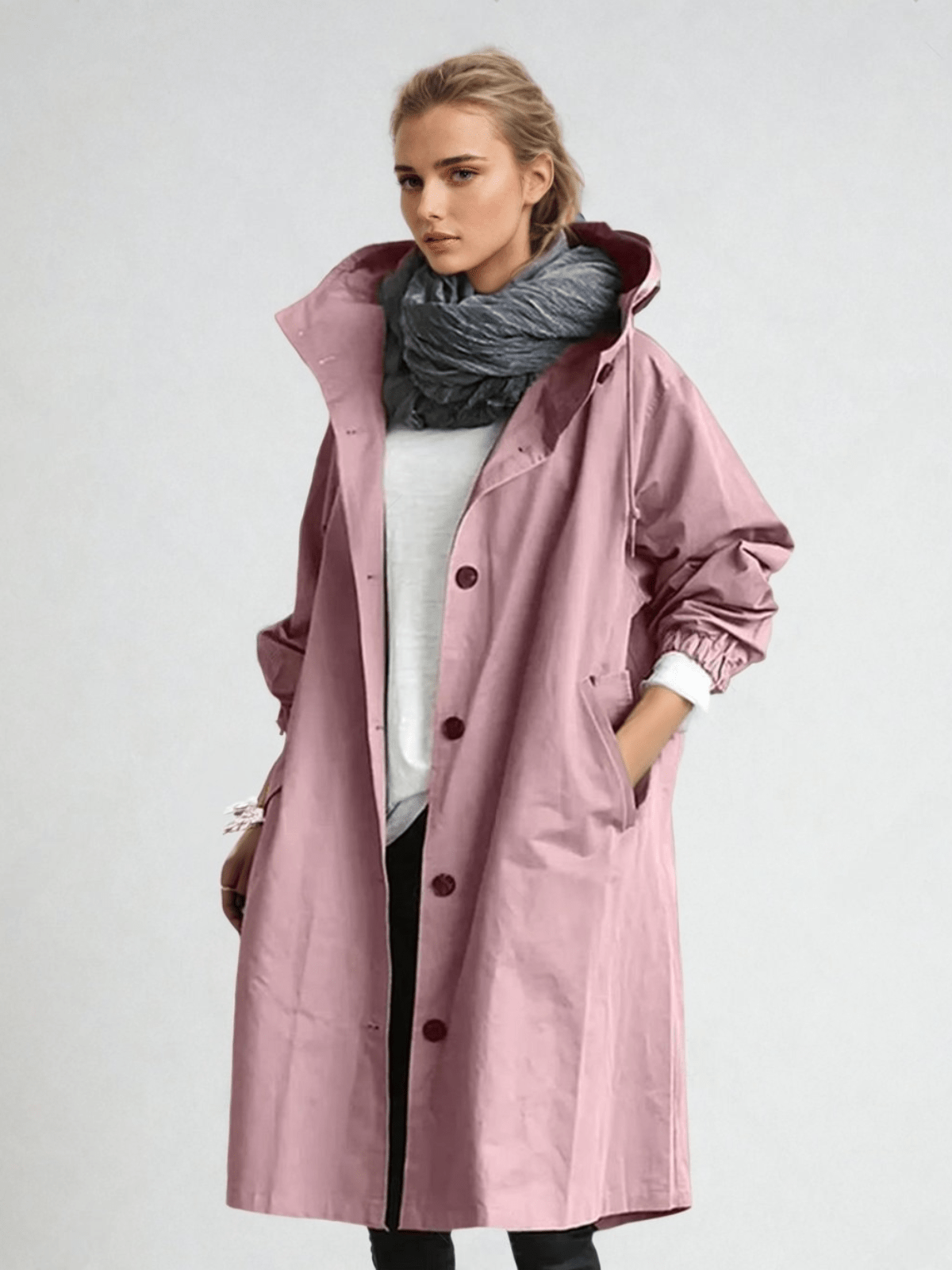 Hooded Longline Rain Coat with Button Front and Big Pockets for Women