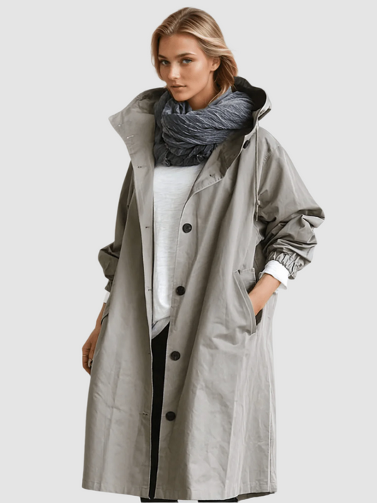 Hooded Longline Rain Coat with Button Front and Big Pockets for Women