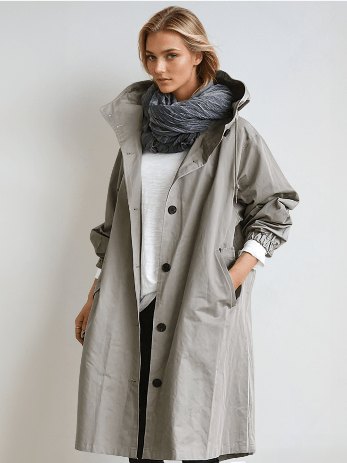 Trenchcoat lungo elegante con cappuccio regolabile