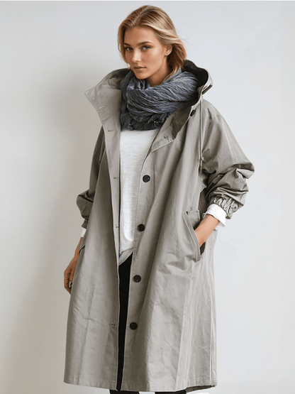 Trenchcoat lungo elegante con cappuccio regolabile
