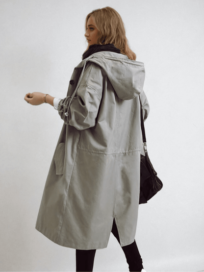 Hooded Longline Rain Coat with Button Front and Big Pockets for Women