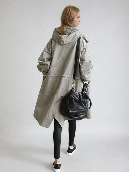 Hooded Longline Rain Coat with Button Front and Big Pockets for Women