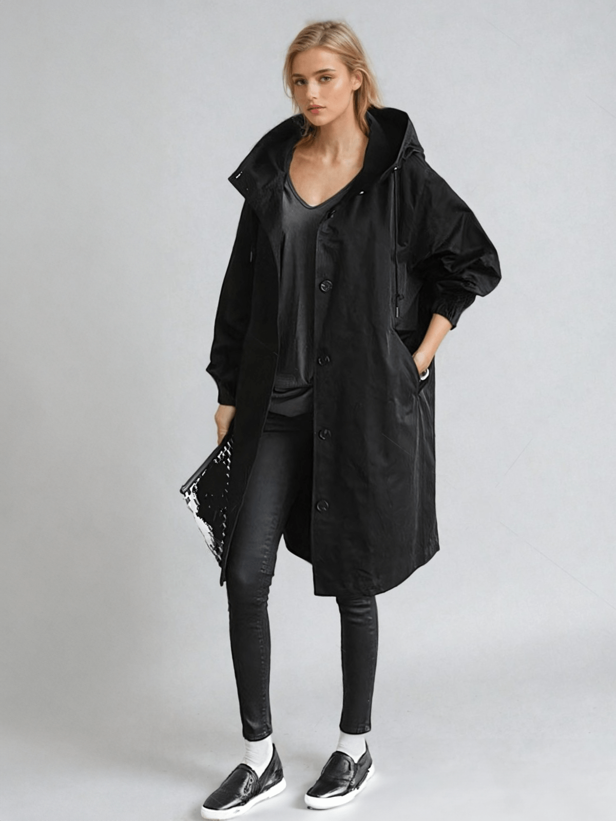 Hooded Longline Rain Coat with Button Front and Big Pockets for Women