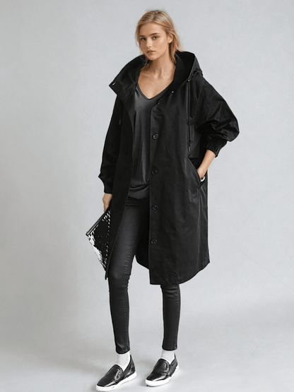 Hooded Longline Rain Coat with Button Front and Big Pockets for Women