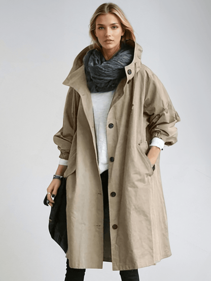 Hooded Longline Rain Coat with Button Front and Big Pockets for Women