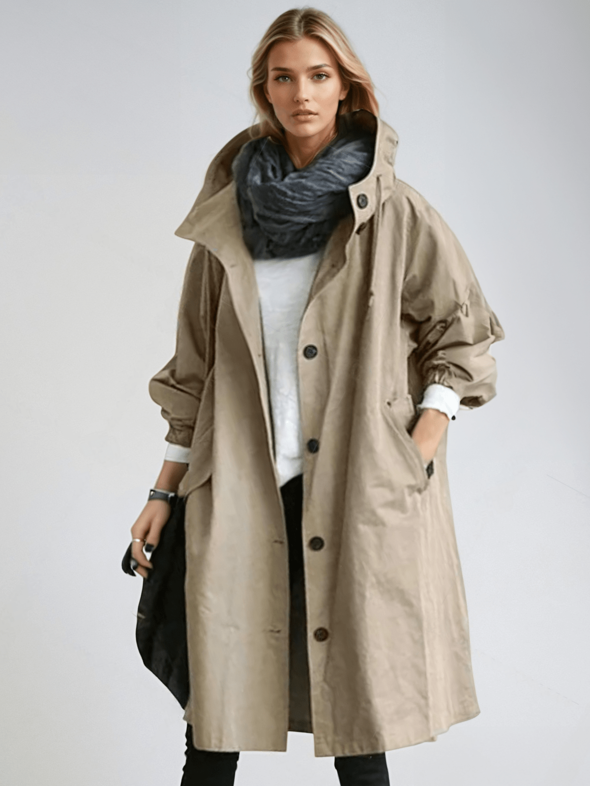 Trenchcoat lungo elegante con cappuccio regolabile