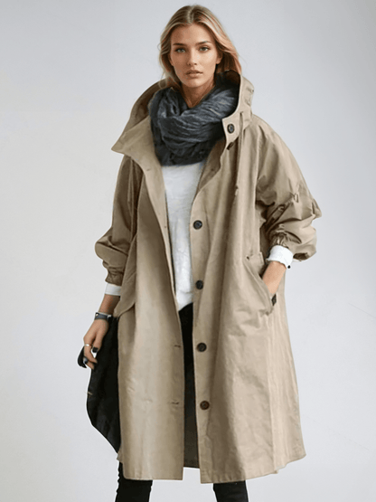 Trenchcoat lungo elegante con cappuccio regolabile