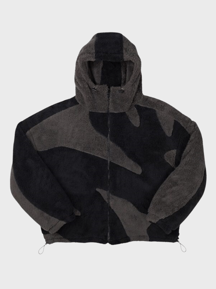 Hooded Zip Up Jacket with Panel Design and Drawstring Hem for Men