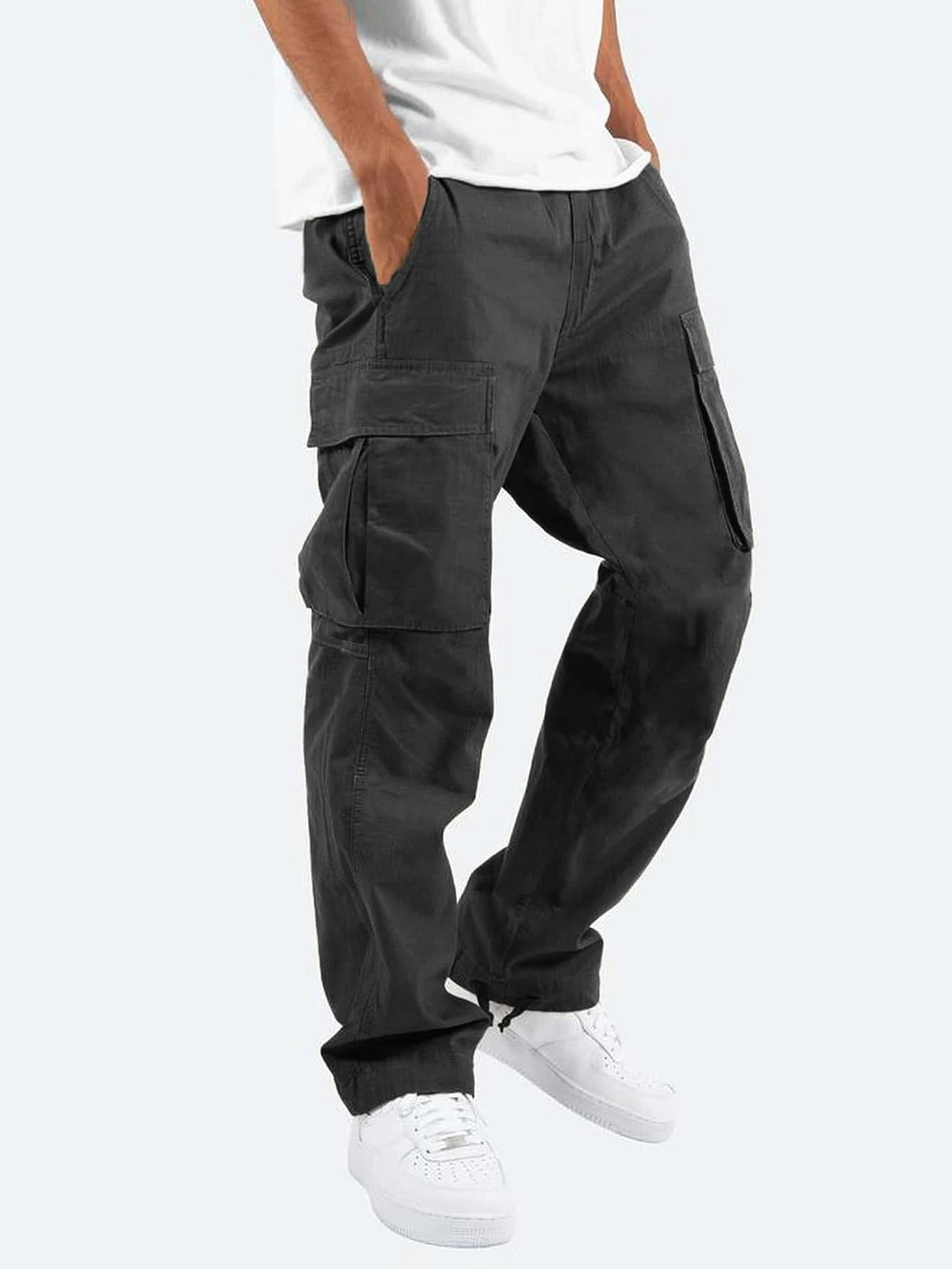 Relaxed Cargo Trousers with Side Flap Pockets and Cuffed Hem for Men