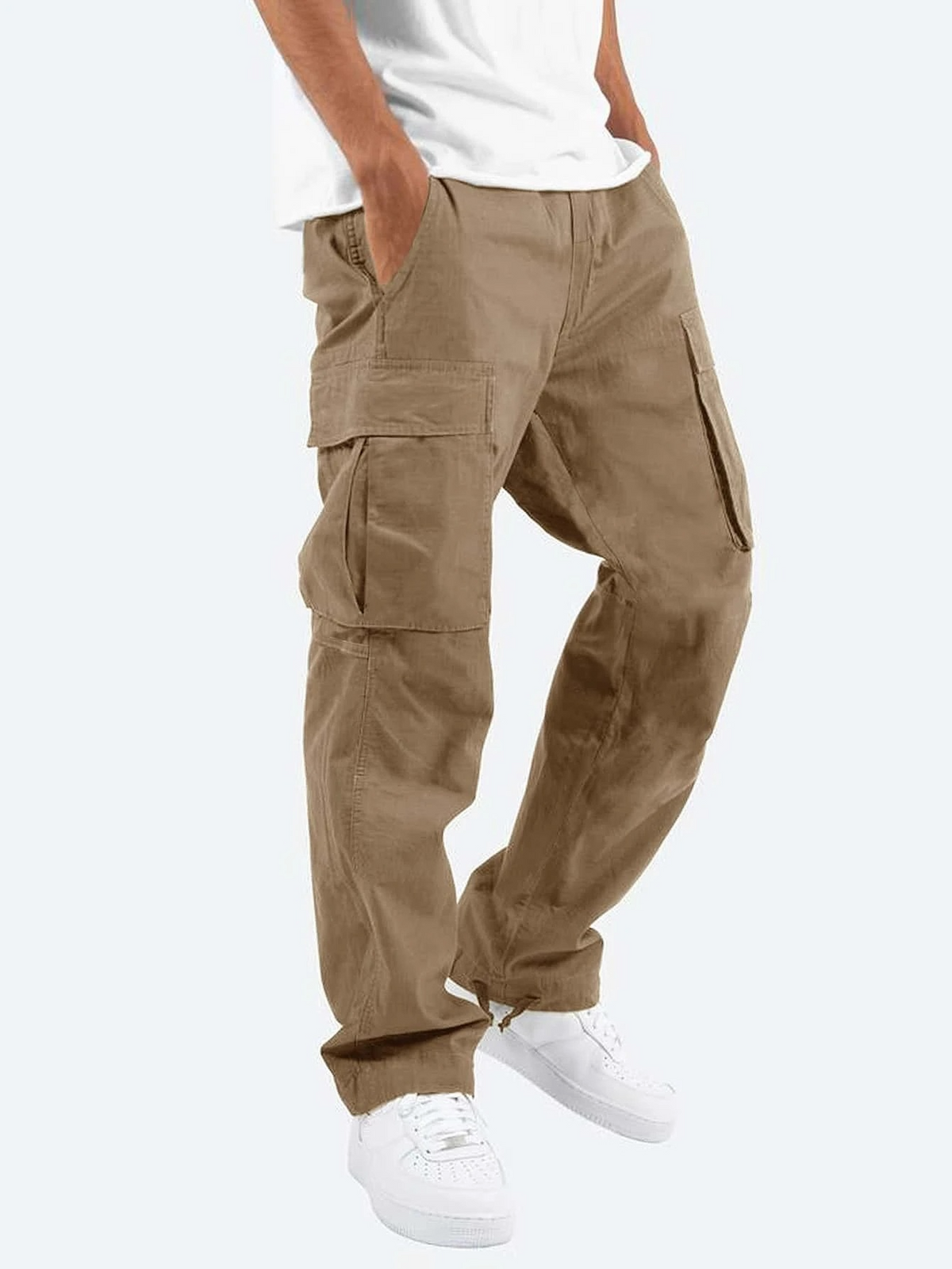 Relaxed Cargo Trousers with Side Flap Pockets and Cuffed Hem for Men