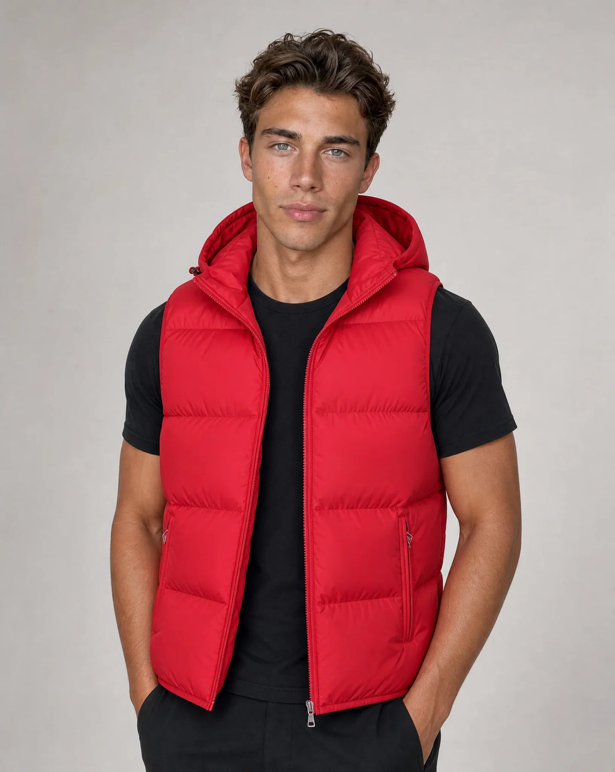 Hooded Puffer Vest with Full Zip Front and Two Side Pockets for Men