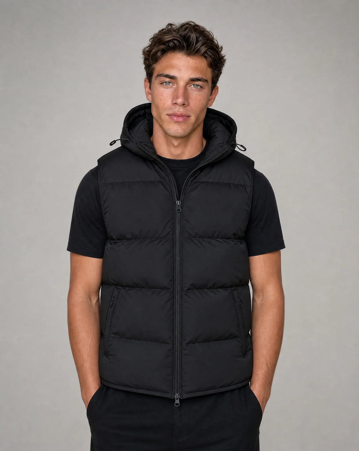 Hooded Puffer Vest with Full Zip Front and Two Side Pockets for Men