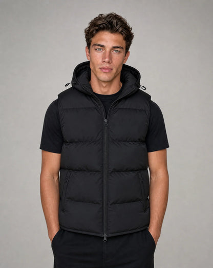 Hooded Puffer Vest with Full Zip Front and Two Side Pockets for Men