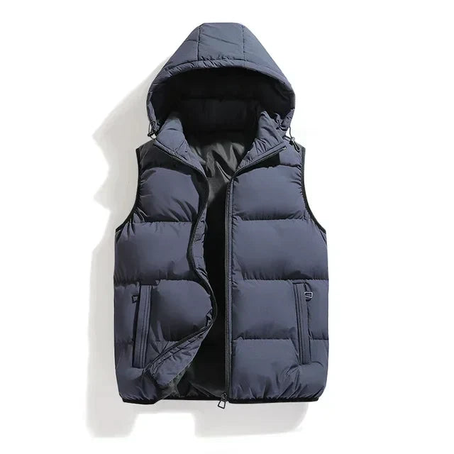 Hooded Puffer Vest with Full Zip Front and Two Side Pockets for Men