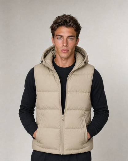 Hooded Puffer Vest with Full Zip Front and Two Side Pockets for Men