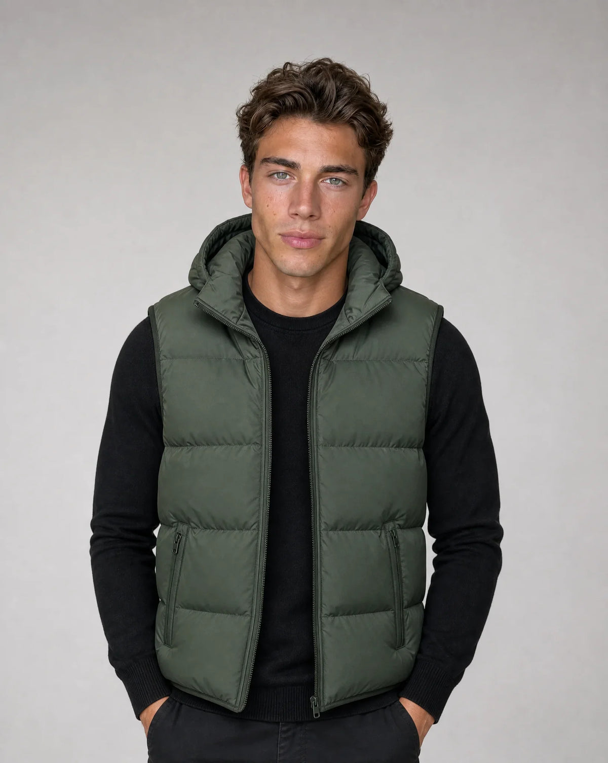 Hooded Puffer Vest with Full Zip Front and Two Side Pockets for Men