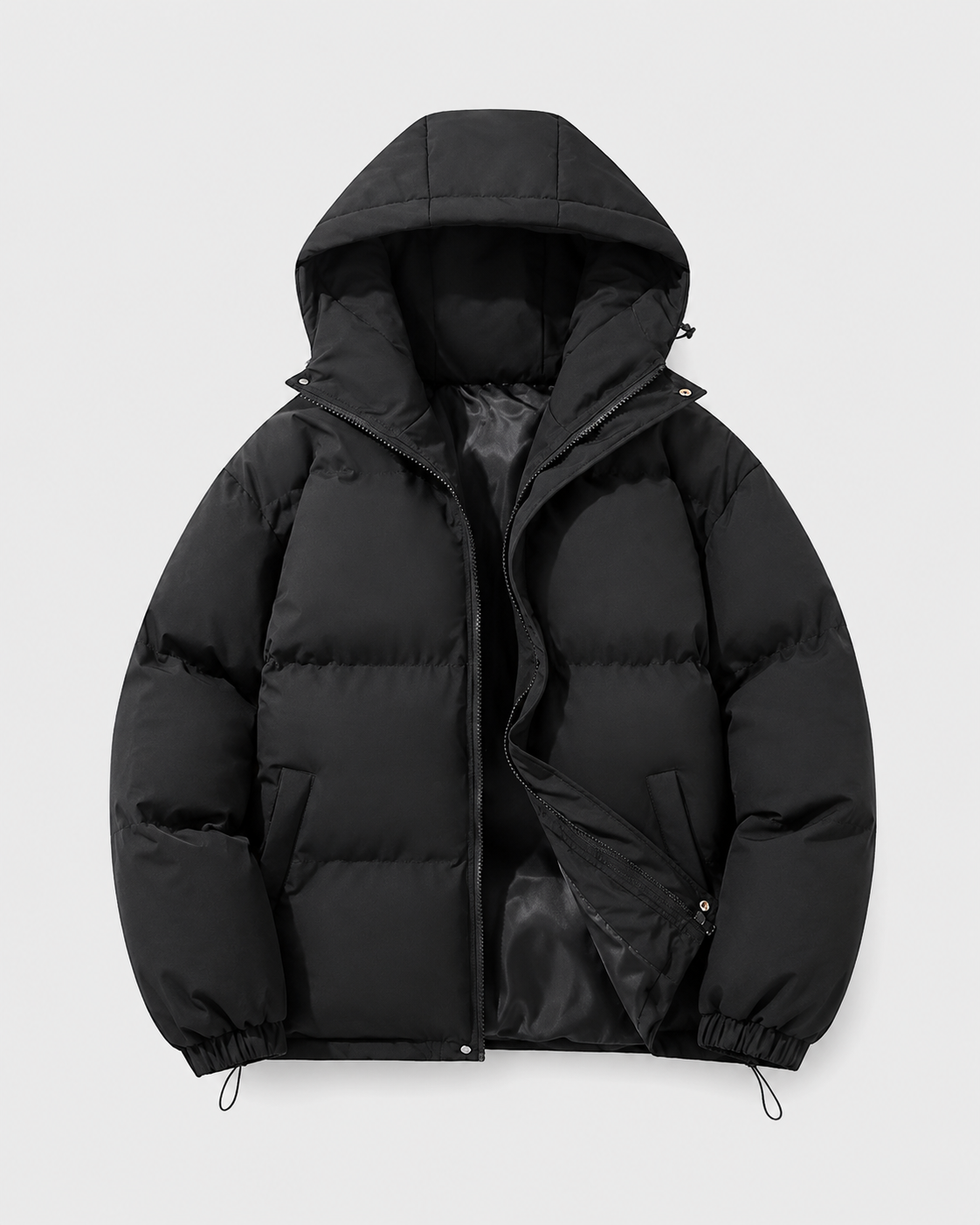 Hooded Puffer Jacket with Full Zip and Drawstring Hem for Men