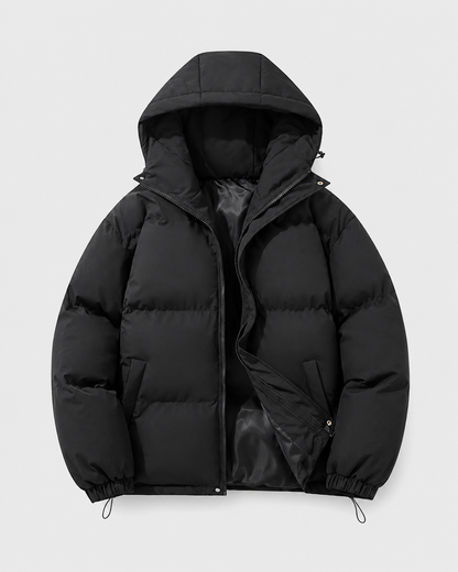 Hooded Puffer Jacket with Full Zip and Drawstring Hem for Men