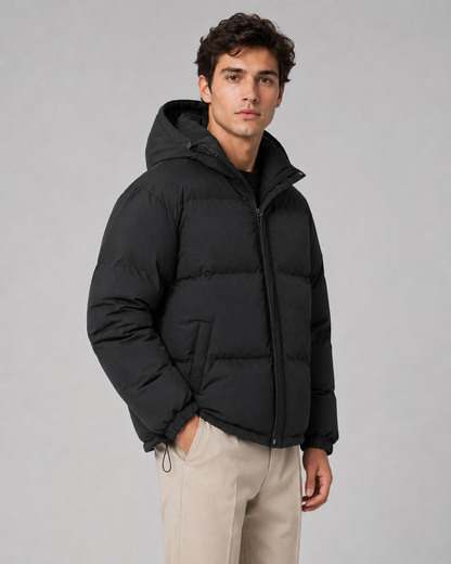 Hooded Puffer Jacket with Full Zip and Drawstring Hem for Men