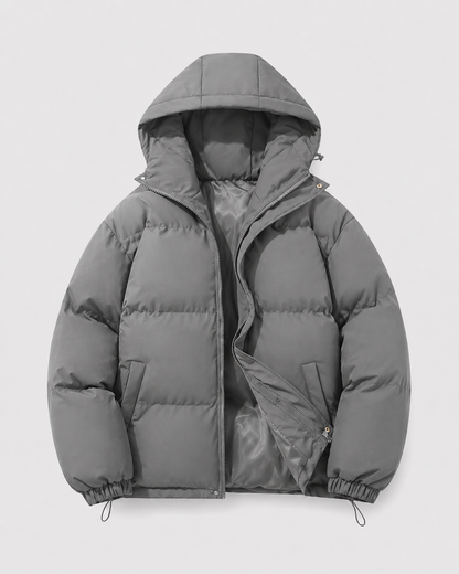 Hooded Puffer Jacket with Full Zip and Drawstring Hem for Men