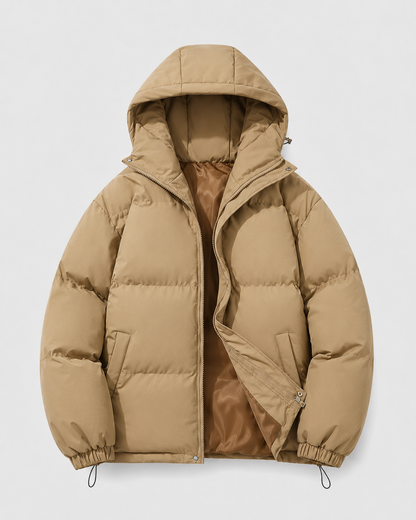 Hooded Puffer Jacket with Full Zip and Drawstring Hem for Men