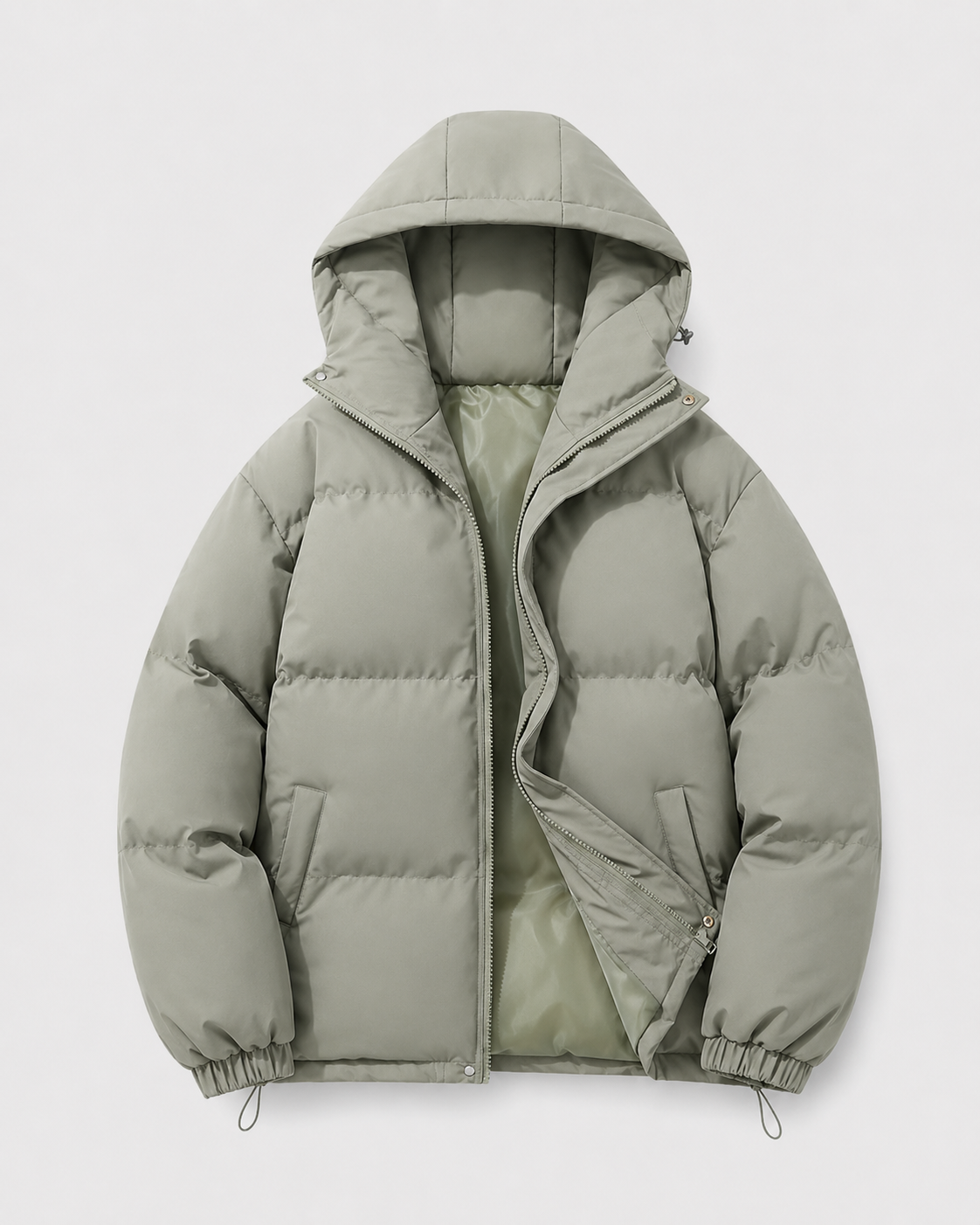 Hooded Puffer Jacket with Full Zip and Drawstring Hem for Men