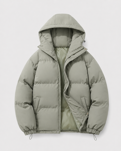 Hooded Puffer Jacket with Full Zip and Drawstring Hem for Men