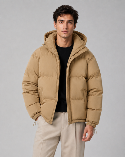 Hooded Puffer Jacket with Full Zip and Drawstring Hem for Men