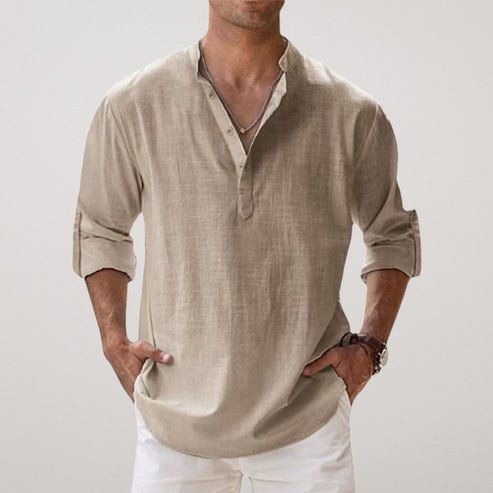 Henley Shirt with Band Collar and Roll Up Long Sleeves for Men