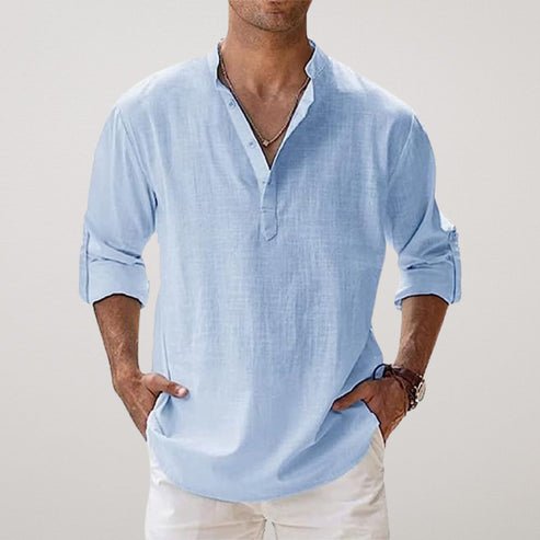 Henley Shirt with Band Collar and Roll Up Long Sleeves for Men