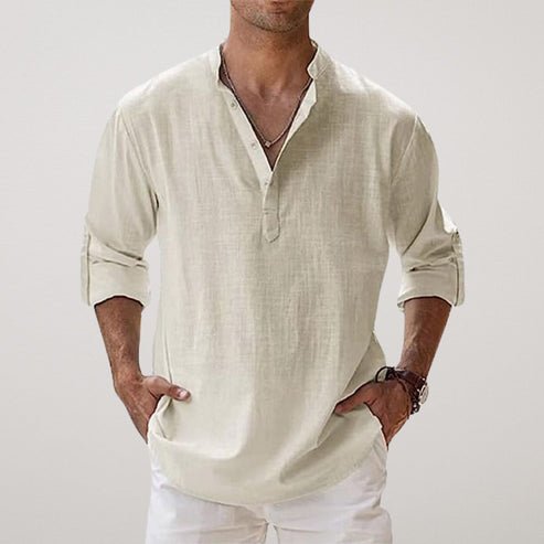Henley Shirt with Band Collar and Roll Up Long Sleeves for Men