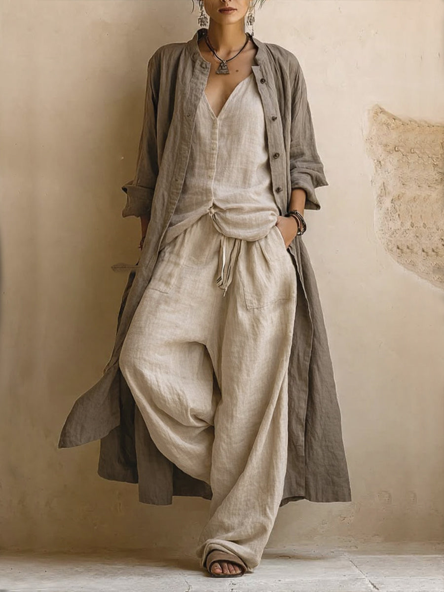 Three Piece Lounge Set with Duster Shirt and Wide Leg Pants for Women