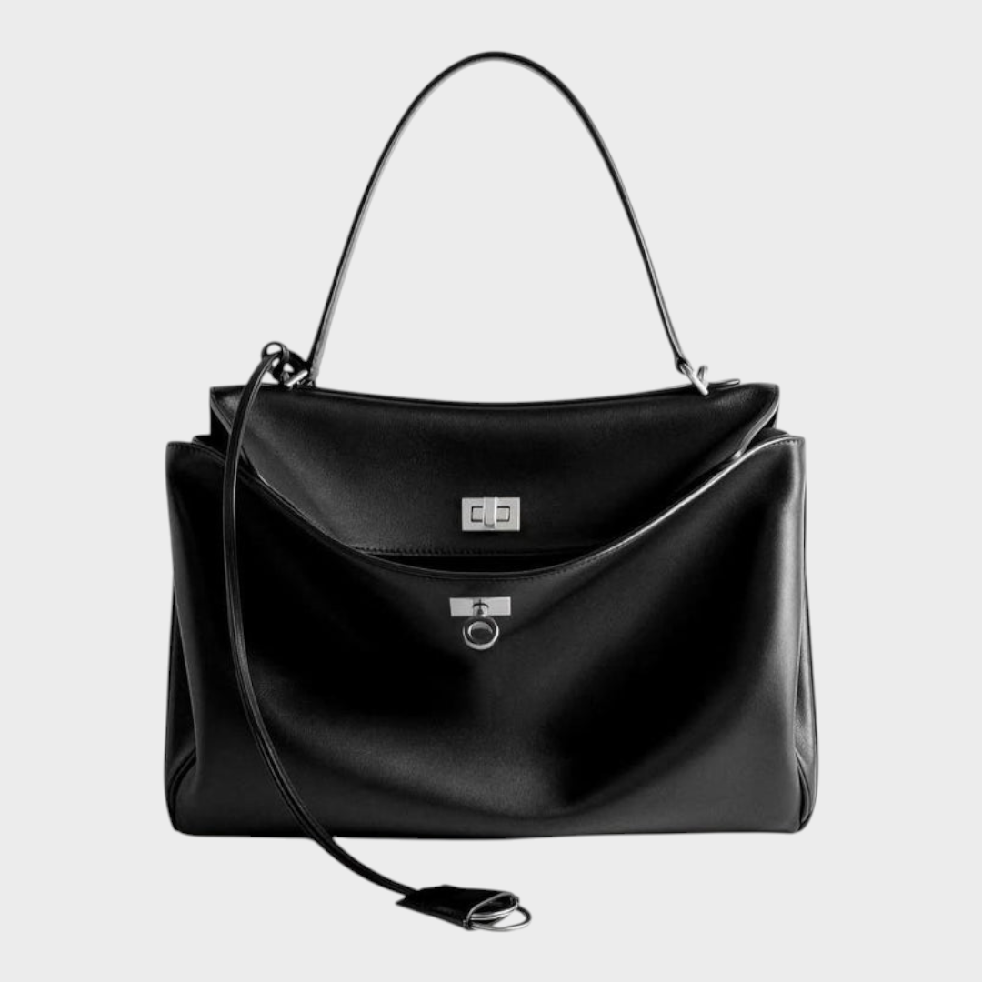 Structured Top Handle Bag with Turn Lock Flap and Long Strap for Women