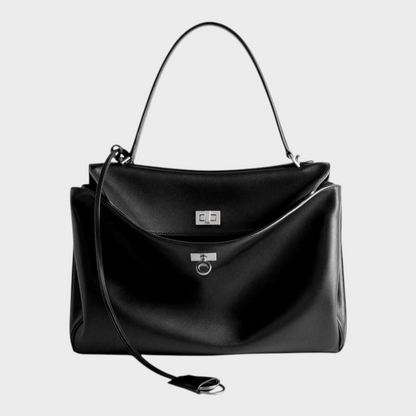 Structured Top Handle Bag with Turn Lock Flap and Long Strap for Women
