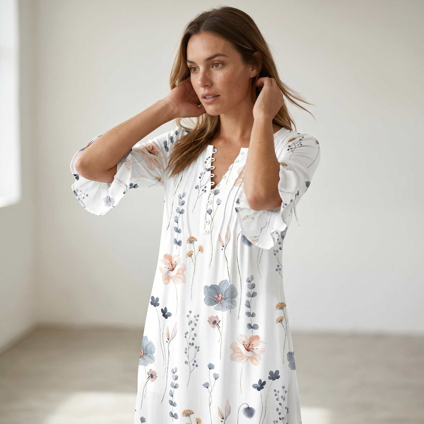 Trendy floral pattern midi dress with pockets and 3/4 sleeves