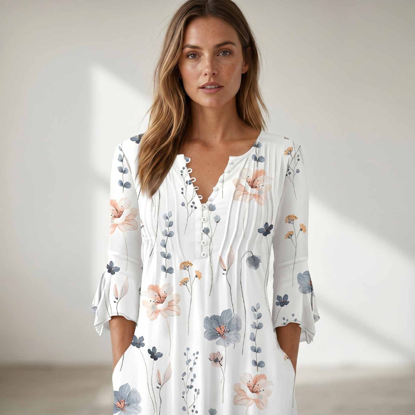 Trendy floral pattern midi dress with pockets and 3/4 sleeves