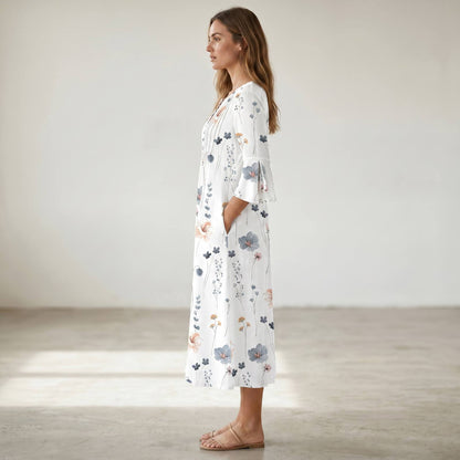Trendy floral pattern midi dress with pockets and 3/4 sleeves