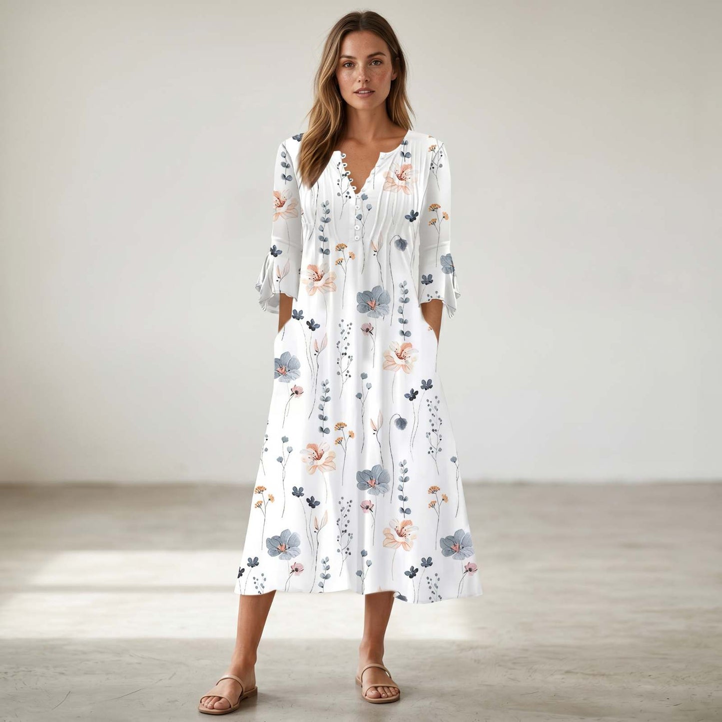 Trendy floral pattern midi dress with pockets and 3/4 sleeves