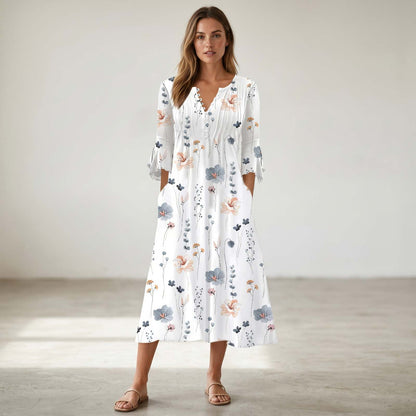 Trendy floral pattern midi dress with pockets and 3/4 sleeves