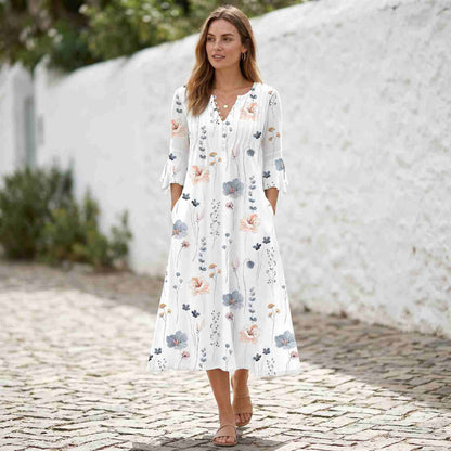 Trendy floral pattern midi dress with pockets and 3/4 sleeves