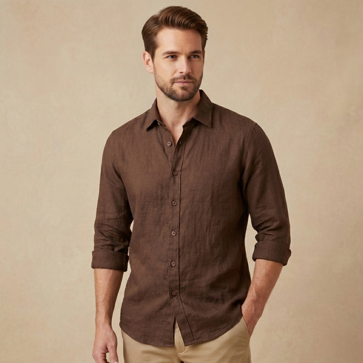 Long Sleeve Button Up Shirt with Pointed Collar and Curved Hem for Men