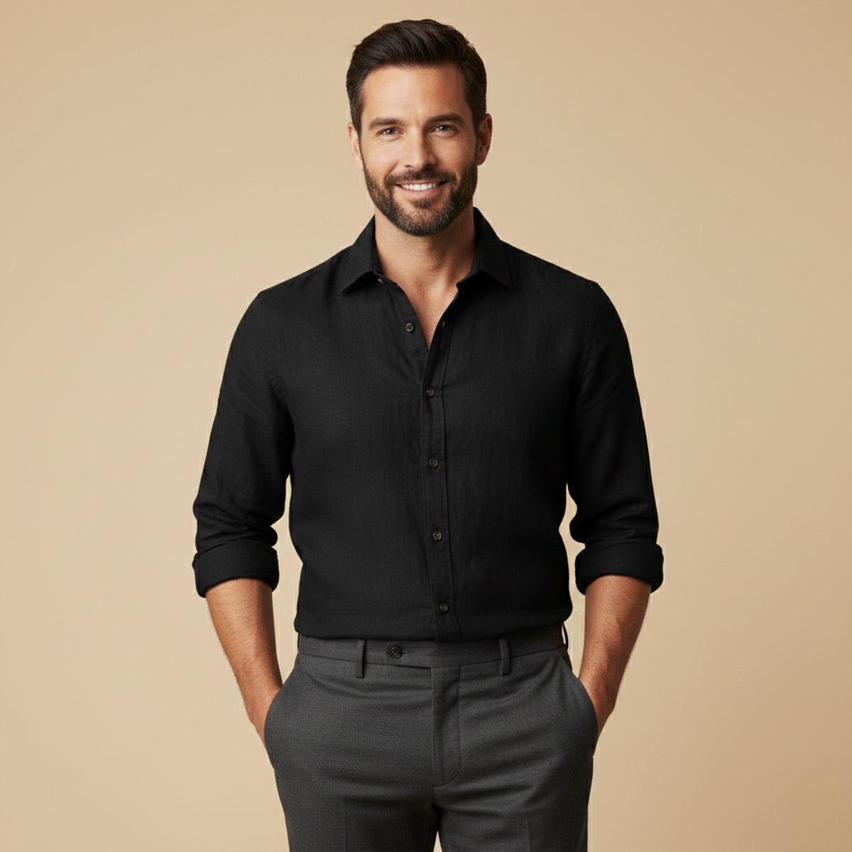 Long Sleeve Button Up Shirt with Pointed Collar and Curved Hem for Men